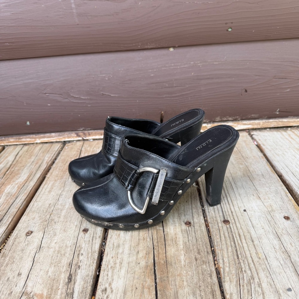 Y2K Vtg Fioni Buckle Studded Mule Clogs 9.5W Black Croc Embossed Chunky Heel